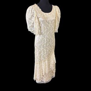 Lorrie Kabala Maxi Wedding Dress Ivory Tulle Pearls Lace Bridal Vintage 1980s